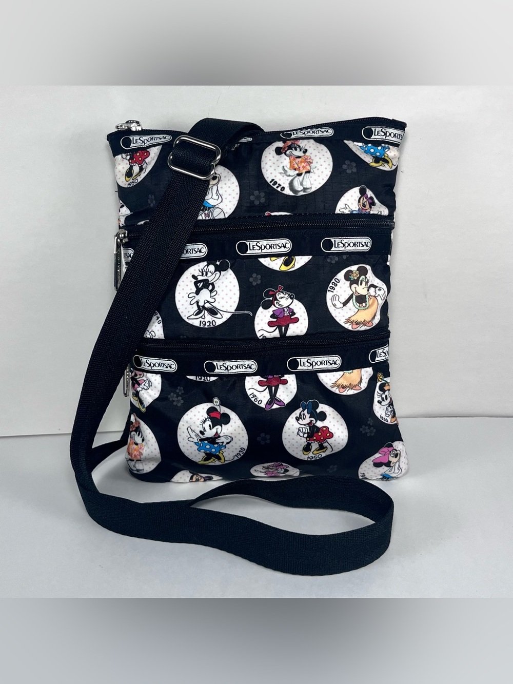 Disney LeSportsac Black Celebrate Minnie Mouse Kasey Crossbody Bag Triple Zip